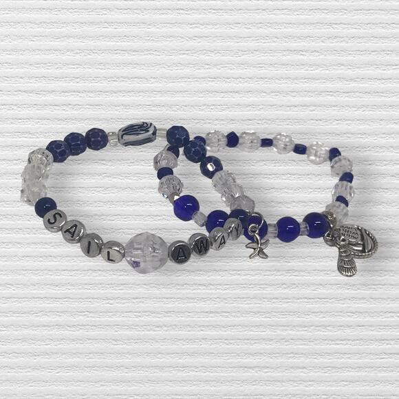Handmade Blue & White Stretch Bracelets Beach Vibes Nautical Charms Affirmation - Picture 1 of 6
